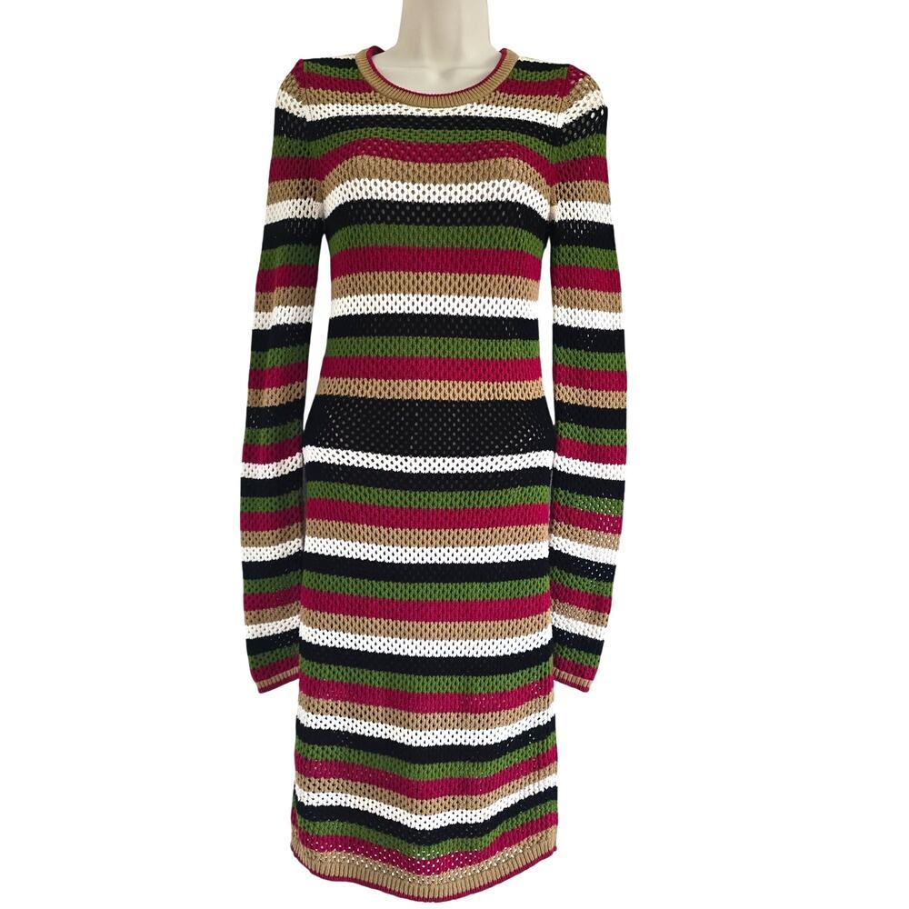 A.L.C Open Knit Striped Sheath Midi Dress Long Sleeve Multi Color Size S Retro